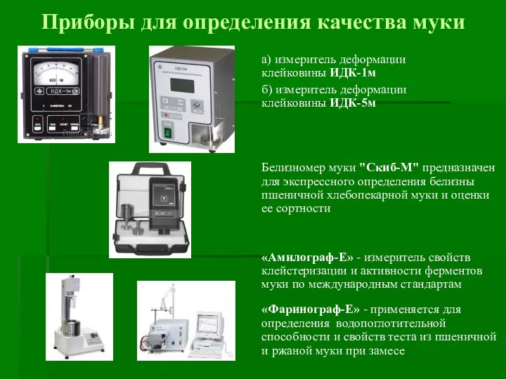 Приборы для определения качества муки а) измеритель деформации клейковины ИДК-1м б) измеритель