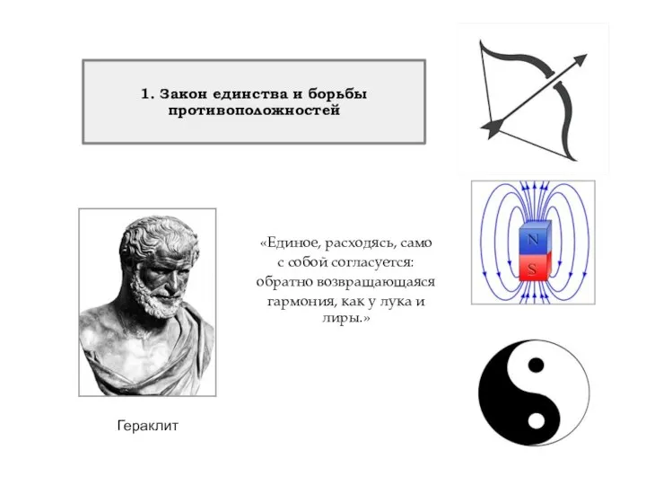 1. Закон единства и борьбы противоположностей Гераклит «Единое, расходясь, само с собой