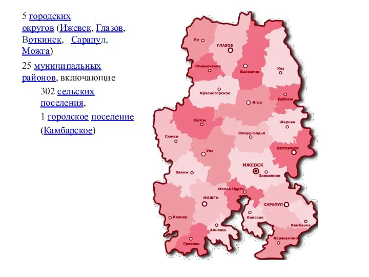 5 городских округов (Ижевск, Глазов, Воткинск, Сарапул, Можга) 25 муниципальных районов, включающие