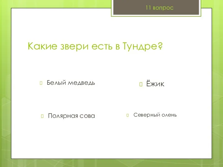 Какие звери есть в Тундре? Белый медведь 11 вопрос Ёжик Полярная сова Северный олень