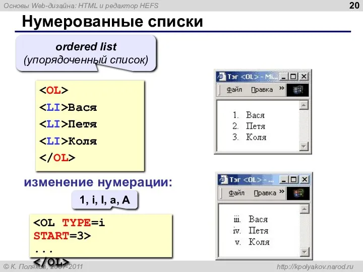 Нумерованные списки Вася Петя Коля ordered list (упорядоченный список) изменение нумерации: ...