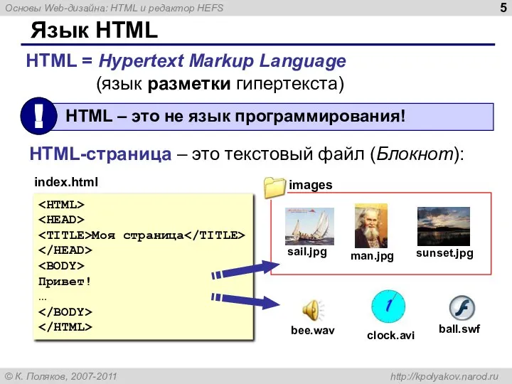 Язык HTML HTML = Hypertext Markup Language (язык разметки гипертекста) HTML-страница –