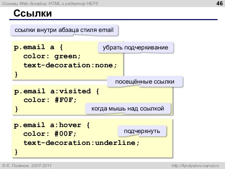 Ссылки p.email a { color: green; text-decoration:none; } p.email a:hover { color: