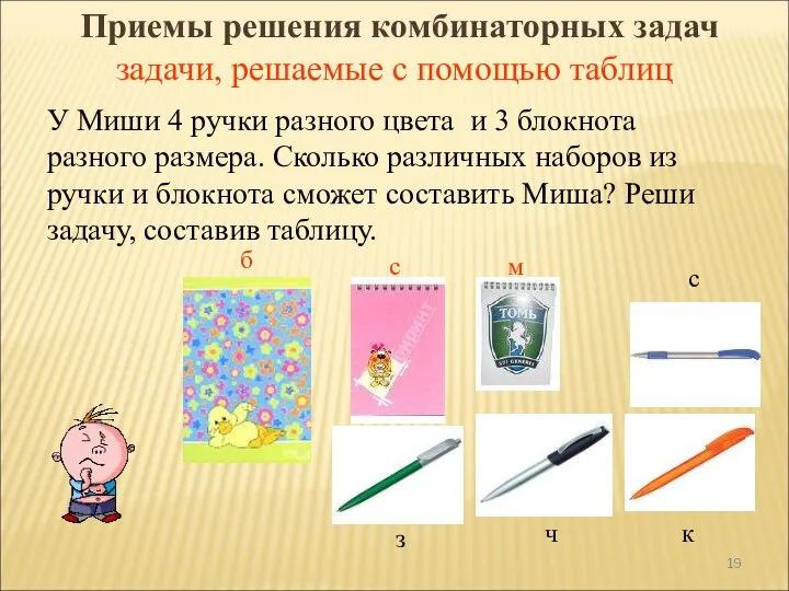 У Миши 4 ручки разного цвета и 3 блокнота разного размера. Сколько