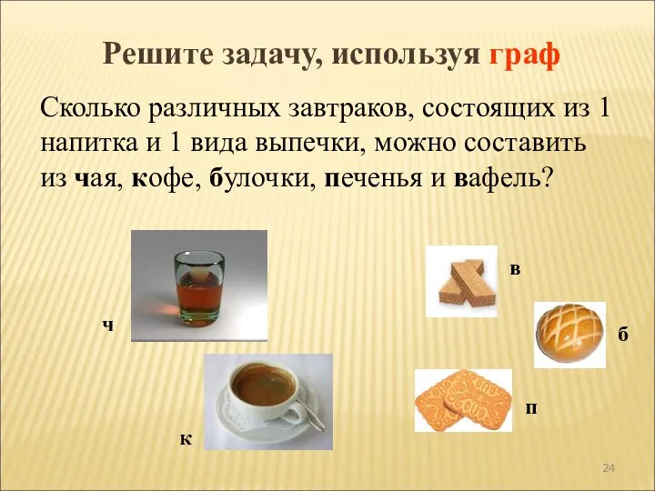 Сколько различных завтраков, состоящих из 1 напитка и 1 вида выпечки, можно