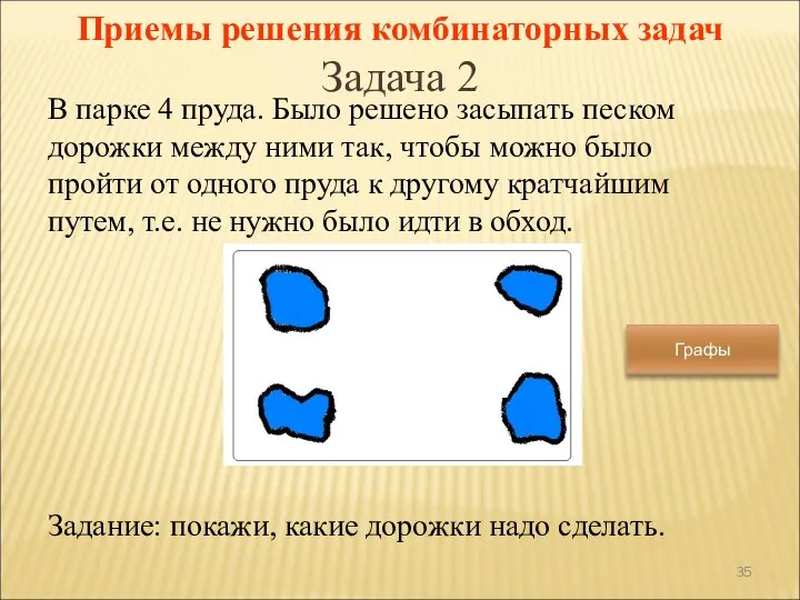 Приемы решения комбинаторных задач Задача 2 В парке 4 пруда. Было решено