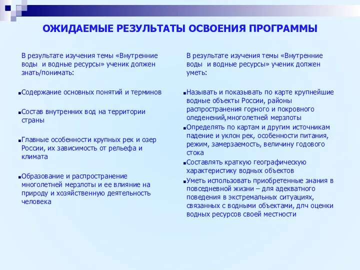 ОЖИДАЕМЫЕ РЕЗУЛЬТАТЫ ОСВОЕНИЯ ПРОГРАММЫ В результате изучения темы «Внутренние воды и водные