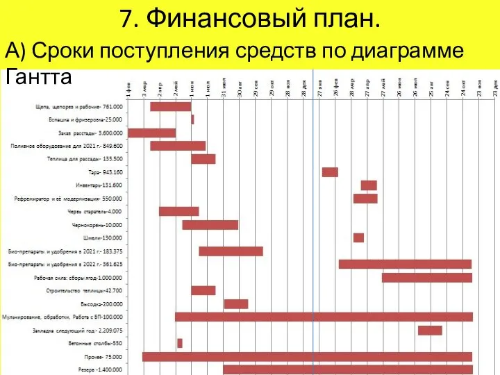 7. Финансовый план. А) Сроки поступления средств по диаграмме Гантта