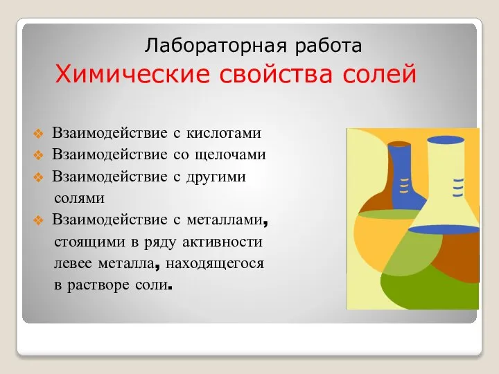 Лабораторная работа Химические свойства солей Взаимодействие с кислотами Взаимодействие со щелочами Взаимодействие