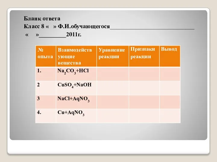 Бланк ответа Класс 8 « » Ф.И.обучающегося____________________________ « »_________2011г.