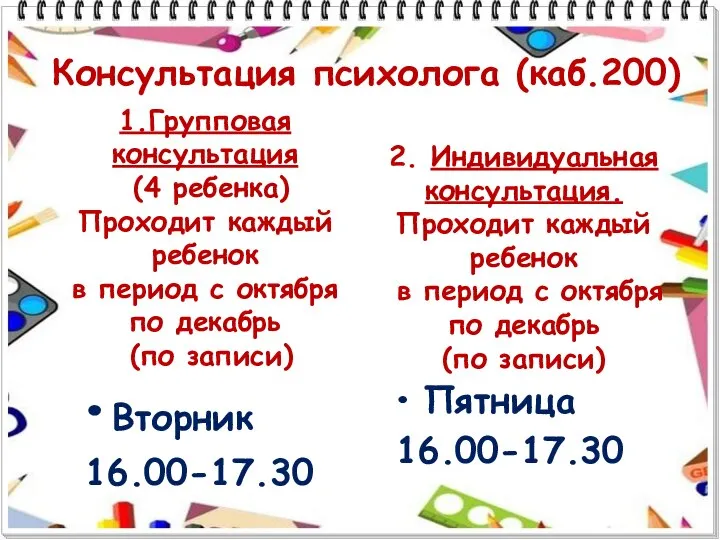 Консультация психолога (каб.200) Вторник 16.00-17.30 1.Групповая консультация (4 ребенка) Проходит каждый ребенок