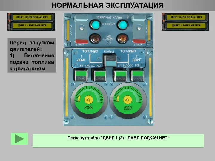 НОРМАЛЬНАЯ ЭКСПЛУАТАЦИЯ Перед запуском двигателей: 1) Включение подачи топлива к двигателям ДВИГ