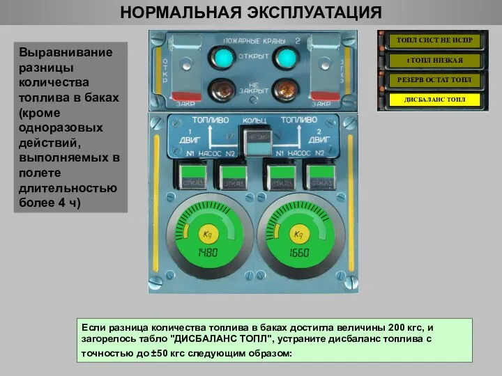 НОРМАЛЬНАЯ ЭКСПЛУАТАЦИЯ Выравнивание разницы количества топлива в баках (кроме одноразовых действий, выполняемых