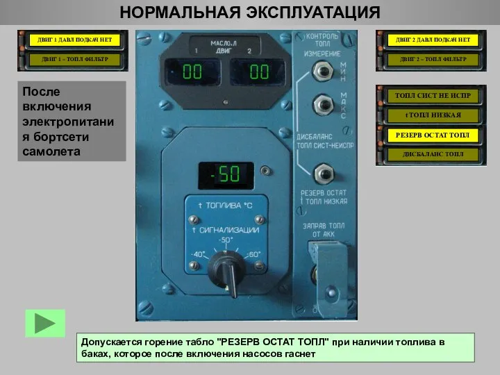 Цифровой индикатор ПКТ показывает фактическое значение температуры топлива в баках НОРМАЛЬНАЯ ЭКСПЛУАТАЦИЯ