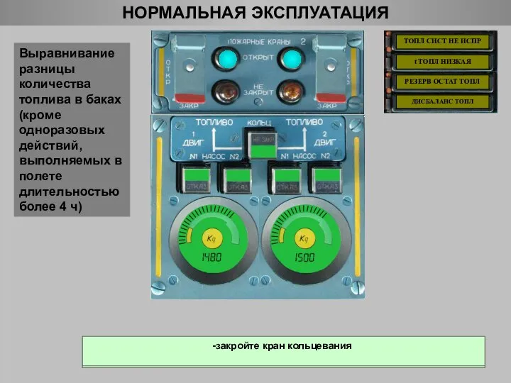 НОРМАЛЬНАЯ ЭКСПЛУАТАЦИЯ Выравнивание разницы количества топлива в баках (кроме одноразовых действий, выполняемых