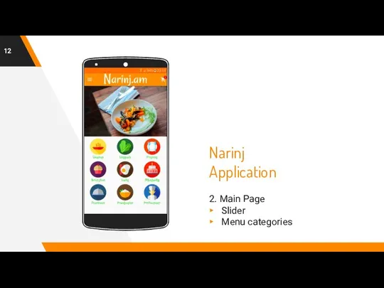 Narinj Application 2. Main Page Slider Menu categories Place your screenshot here