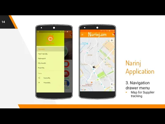 Narinj Application 3. Navigation drawer menu Map for Supplier tracking Place your screenshot here