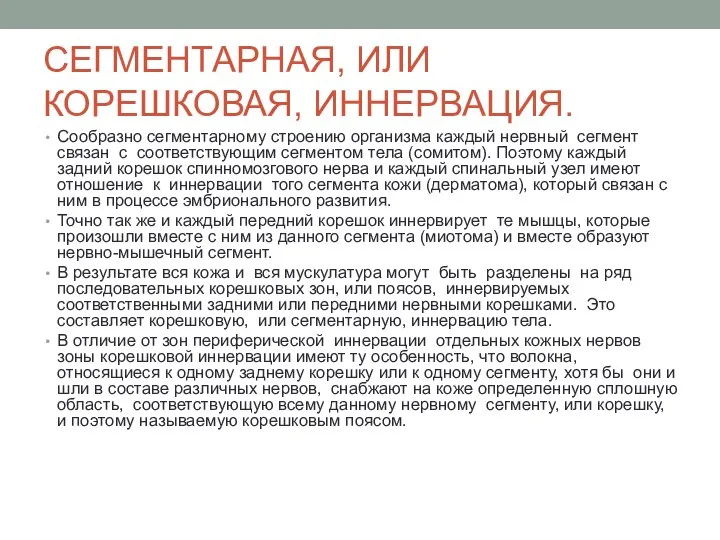 СЕГМЕНТАРНАЯ, ИЛИ КОРЕШКОВАЯ, ИННЕРВАЦИЯ. Сообразно сегментарному строению организма каждый нервный сегмент связан