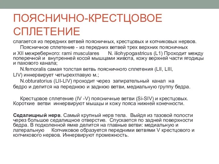 ПОЯСНИЧНО-КРЕСТЦОВОЕ СПЛЕТЕНИЕ слагается из передних ветвей поясничных, крестцовых и копчиковых нервов. Поясничное