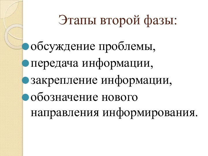 Этапы второй фазы: обсуждение проблемы, передача информации, закрепление информации, обозначение нового направления информирования.