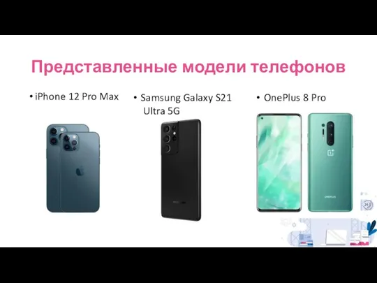 Представленные модели телефонов iPhone 12 Pro Max Samsung Galaxy S21 Ultra 5G OnePlus 8 Pro