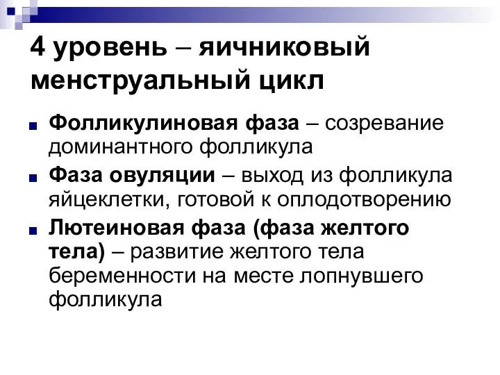 4 уровень – яичниковый менструальный цикл Фолликулиновая фаза – созревание доминантного фолликула