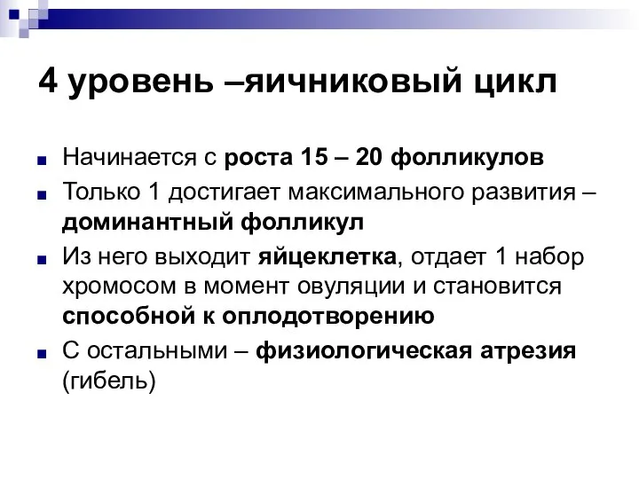 4 уровень –яичниковый цикл Начинается с роста 15 – 20 фолликулов Только