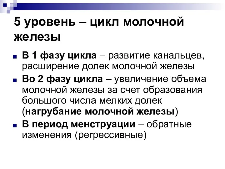 5 уровень – цикл молочной железы В 1 фазу цикла – развитие