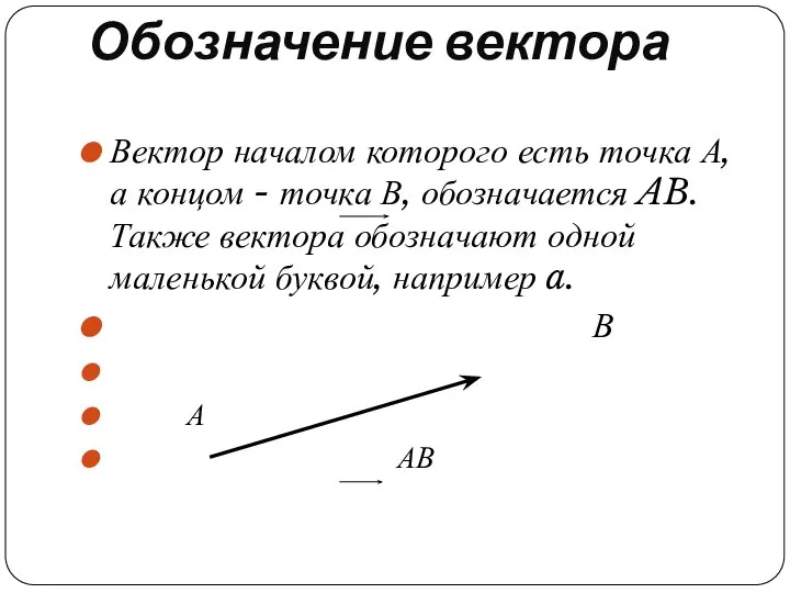 Обозначение вектора Вектор началом которого есть точка А, а концом - точка