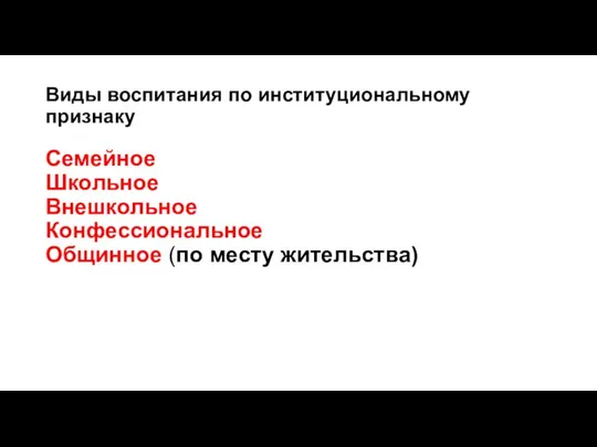 Виды воспитания по институциональному признаку Семейное Школьное Внешкольное Конфессиональное Общинное (по месту жительства)