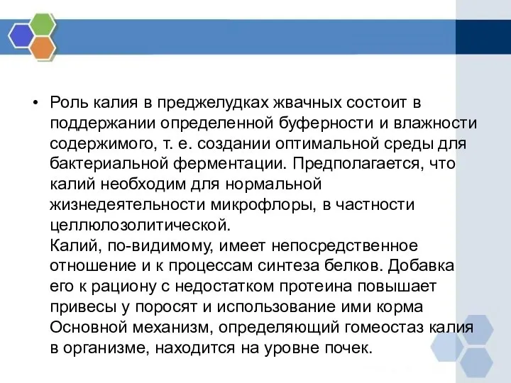 Роль калия в преджелудках жвачных состоит в поддержании определенной буферности и влажности