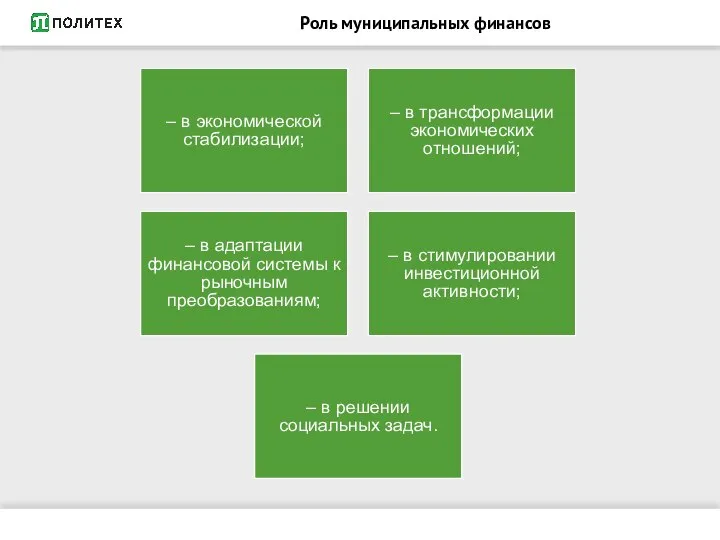 Роль муниципальных финансов – в экономической стабилизации; – в трансформации экономических отношений;