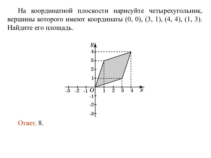 На координатной плоскости нарисуйте четырехугольник, вершины которого имеют координаты (0, 0), (3,