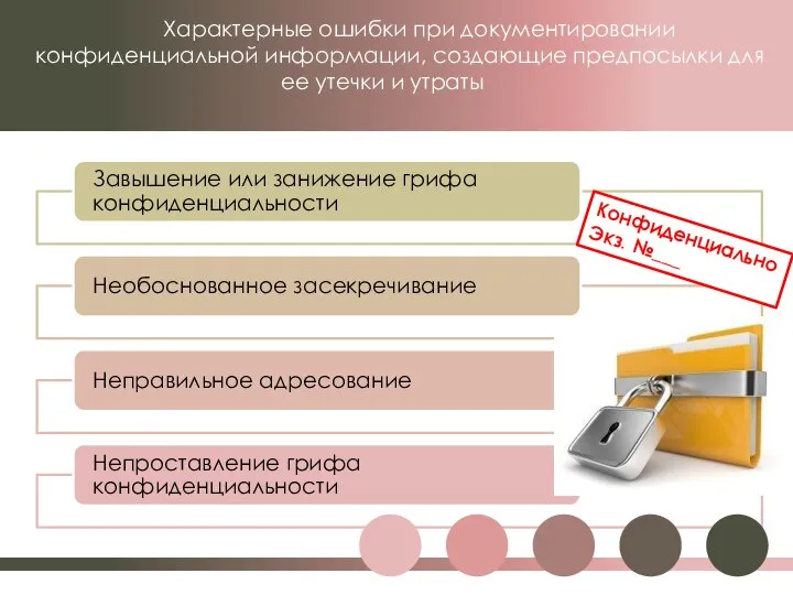 Характерные ошибки при документировании конфиденциальной информации, создающие предпосылки для ее утечки и утраты Конфиденциально Экз. №___