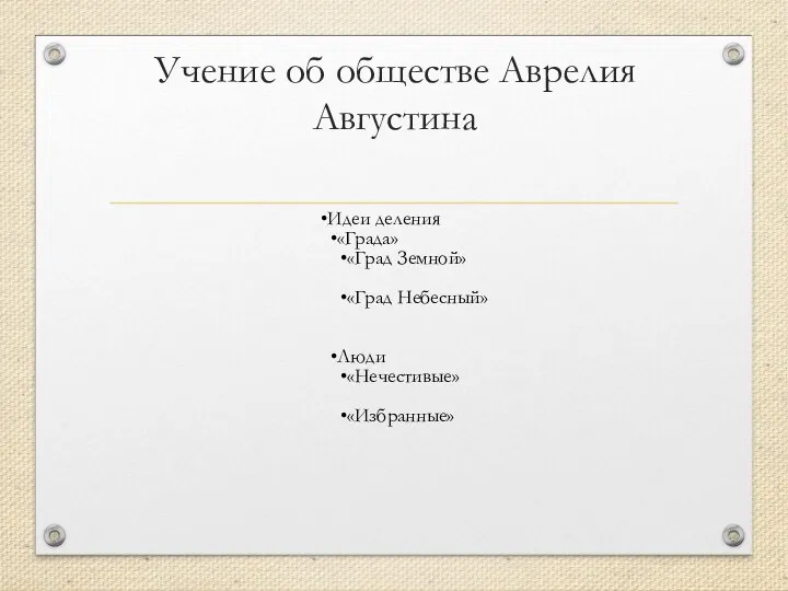 Учение об обществе Аврелия Августина Идеи деления «Града» «Град Земной» «Град Небесный» Люди «Нечестивые» «Избранные»