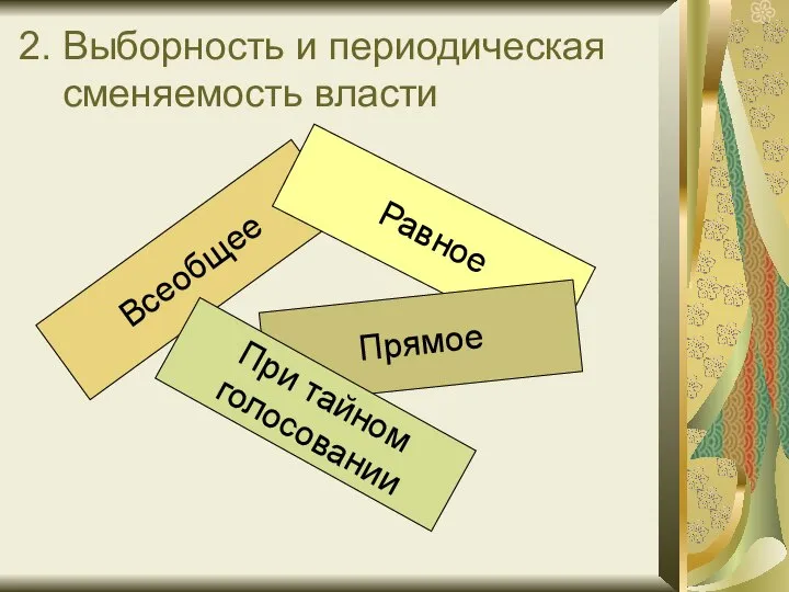 2. Выборность и периодическая сменяемость власти Всеобщее Равное Прямое При тайном голосовании