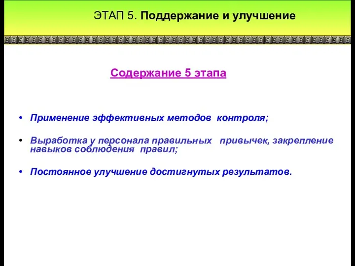 ЭТАП 5. Поддержание и улучшение Применение эффективных методов контроля; Выработка у персонала