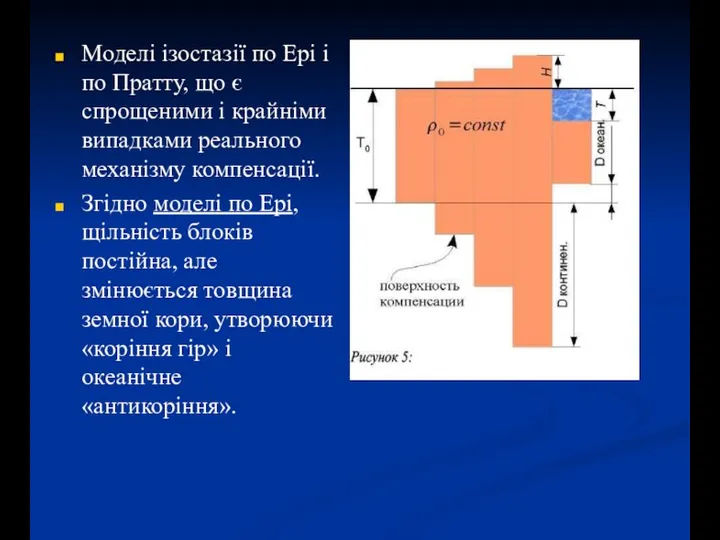 Моделі ізостазії по Ері і по Пратту, що є спрощеними і крайніми