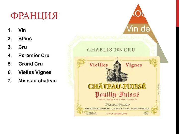 ФРАНЦИЯ Vin Blanc Cru Peremier Cru Grand Cru Vielles Vignes Mise au chateau