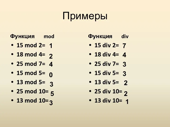 Примеры Функция mod 15 mod 2= 18 mod 4= 25 mod 7=