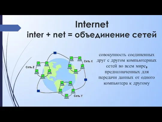 Internet inter + net = объединение сетей совокупность соединенных друг с другом