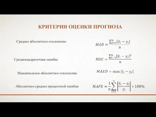 КРИТЕРИИ ОЦЕНКИ ПРОГНОЗА Среднее абсолютное отклонение Среднеквадратичная ошибка Максимальное абсолютное отклонение Абсолютное среднее процентной ошибки