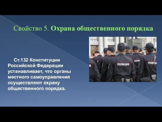 Свойство 5. Охрана общественного порядка Ст.132 Конституции Российской Федерации устанавлива­ет, что органы