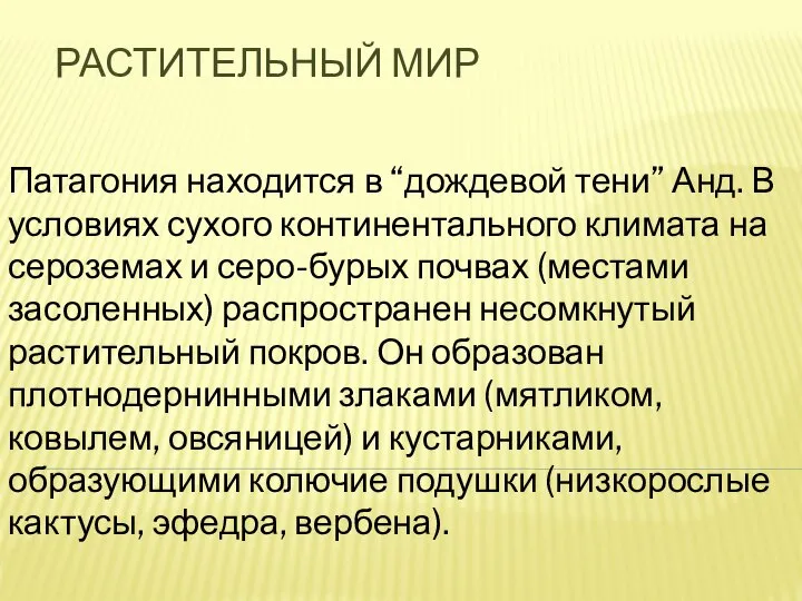 РАСТИТЕЛЬНЫЙ МИР Патагония находится в “дождевой тени” Анд. В условиях сухого континентального