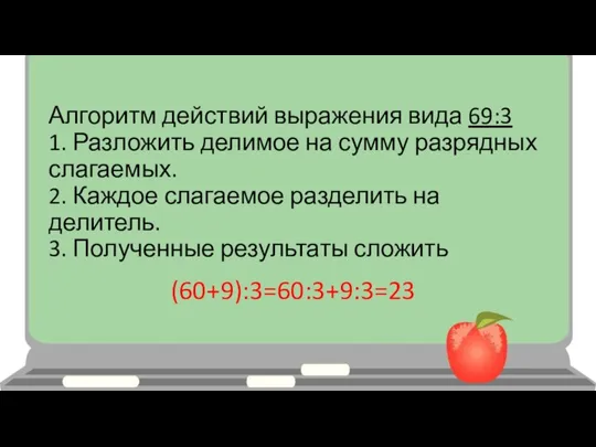 Алгоритм действий выражения вида 69:3 1. Разложить делимое на сумму разрядных слагаемых.