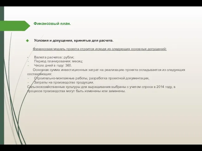 Финансовый план. Условия и допущения, принятые для расчета. Финансовая модель проекта строится