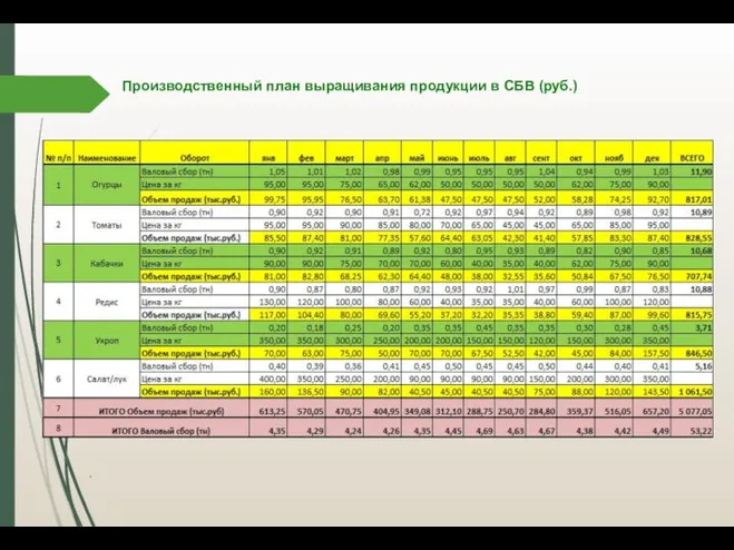 Производственный план выращивания продукции в СБВ (руб.) .
