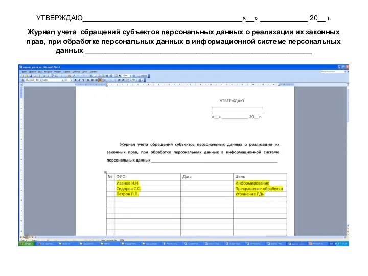 УТВЕРЖДАЮ________________________________________«__» ____________ 20__ г. Журнал учета обращений субъектов персональных данных о реализации