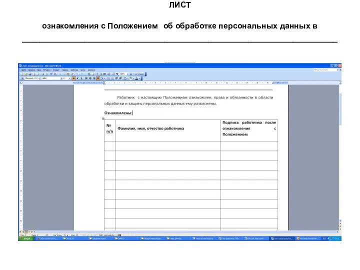 ЛИСТ ознакомления с Положением об обработке персональных данных в ______________________________________________________________________________