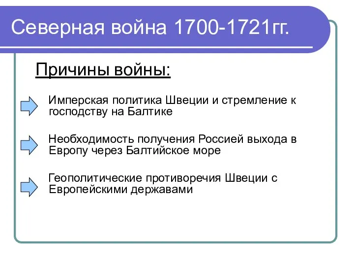 Северная война 1700-1721гг. Причины войны: Имперская политика Швеции и стремление к господству